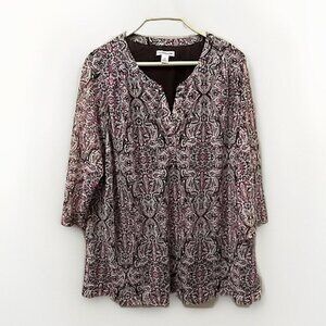 Croft&Barrow‎ Womens Blouse 1X Floral Top Pink Brown Sheer Flowy Sheer Fairy